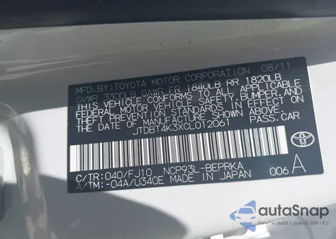 2012 Toyota Yaris z USA, uszkodzony, nr VIN JTDBT4K3XCL012061